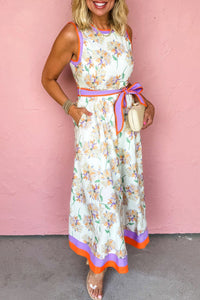 Women's Sleeveless Maxi Dress with White Floral Print, Color Block Trim, and Belted Waist for a Chic Summer Look