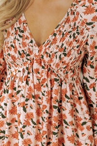 Beige Floral Deep V Neck Smocked Bust Bubble Sleeve Babydoll Dress