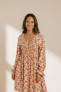 Women's Smocked Beige Floral Babydoll Dress with Bubble Sleeves