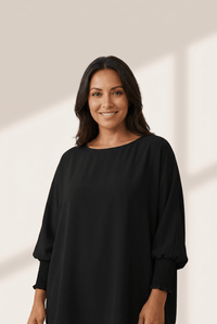 Women's Smocked Cuff Shift Blouse in Midnight Black