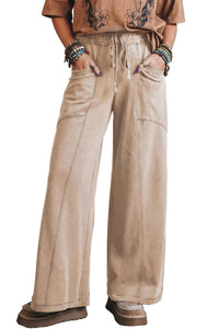 Smoke Gray Mineral Wash Drawstring Retro High Waist Wide Leg Western Pants