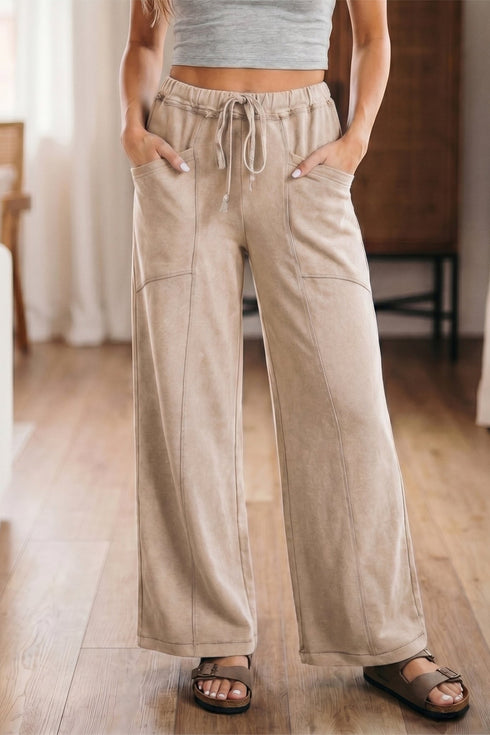 Women’s Smoke Gray Retro High-Waist Wide Leg Pants with Drawstring - Stylish Mineral Wash Western Trousers for Comfort