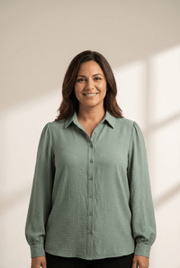 Women's Smoke Green Crinkled Lantern Sleeve Button-Down Blouse