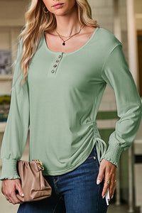Smoke Green U Neck Smocked Cuffs Side Drawstring Henley Top
