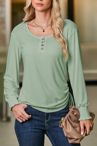 Smoke Green U Neck Smocked Cuffs Side Drawstring Henley Top