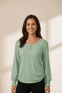 Women's Smoke Green Henley Top with Smocked Cuffs and Drawstring with practical styling and dependable silhouette control.