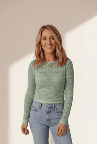 
Women's Smoke Green Semi-Sheer Lace Long Sleeve Cropped Top