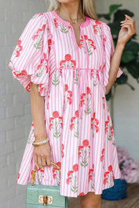 Women's Spring Fashion Pink Floral Striped Mini Dress with Puff Sleeves, Tie Notched Neck, and Flared Hem