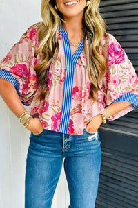 women's spring floral v-neck blouse in multicolor with half sleeves and striped trim - trendy casual top for summer with practical styling and