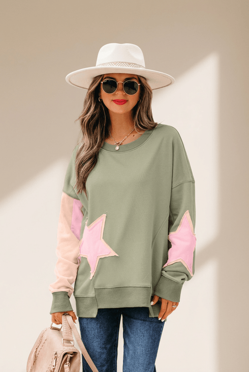 Women's Star Patchwork Relaxed Sweatshirt in Sage and Blush with practical styling and dependable silhouette control.