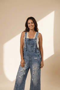 Women's Stone Blue Distressed Wide Leg Denim Overalls