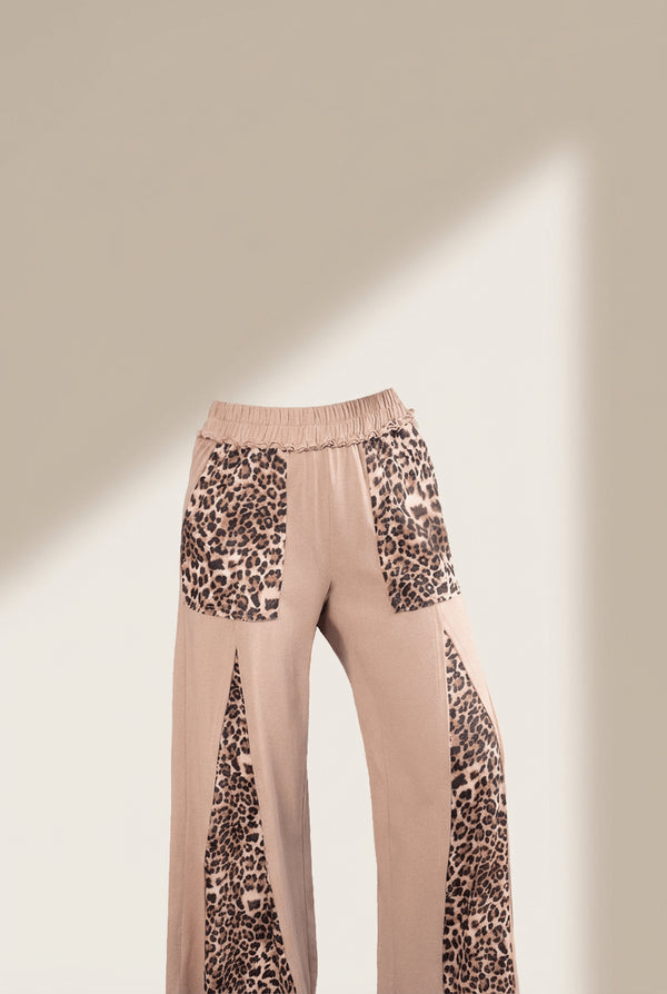 Women's Straw Yellow Leopard Patchwork Wide Leg Pants