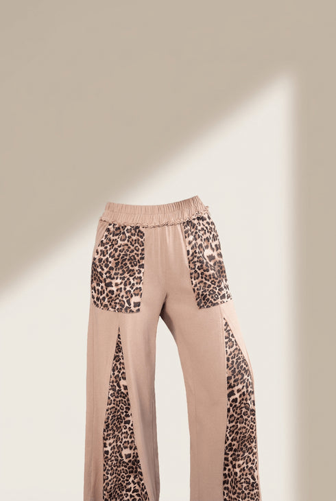 Women's Straw Yellow Leopard Patchwork Wide Leg Pants