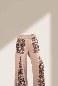 Women's Straw Yellow Leopard Patchwork Wide Leg Pants