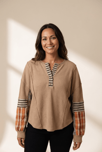 Women's Straw Yellow Waffle Knit Henley with Patchwork Sleeves