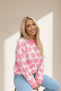 
Women's Strawberry Pink Heart Print Knit Sweater | Drop Shoulder Top