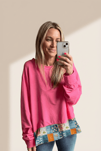 Women's Strawberry Pink Patchwork Hem Long Sleeve Pullover