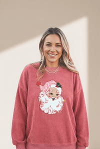 Women's Strawberry Pink Ribbed Sparkle Santa Sweatshirt