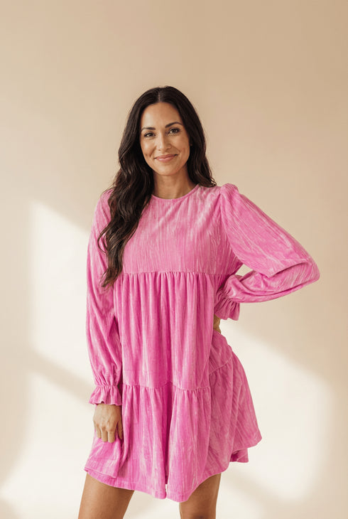 Women's Strawberry Pink Velvet Tiered Mini Dress with Bishop Sleeves
