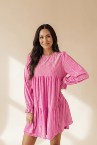 Women's Strawberry Pink Velvet Tiered Mini Dress with Bishop Sleeves