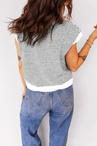 Black Stripe Contrast Trim Cap Sleeve Button Down Casual Cardigan