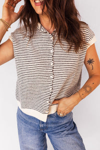 Black Stripe Contrast Trim Cap Sleeve Button Down Casual Cardigan
