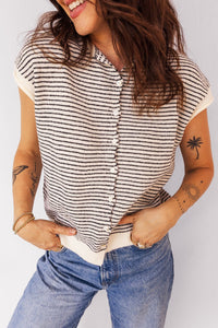Black Stripe Contrast Trim Cap Sleeve Button Down Casual Cardigan