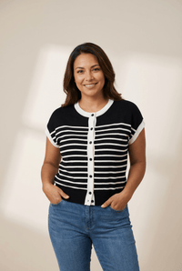 Women's Striped Cap Sleeve Viscose Blend Cardigan with Contrast Trim