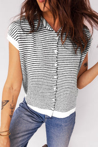 Black Stripe Contrast Trim Cap Sleeve Button Down Casual Cardigan