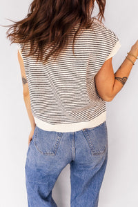 Black Stripe Contrast Trim Cap Sleeve Button Down Casual Cardigan