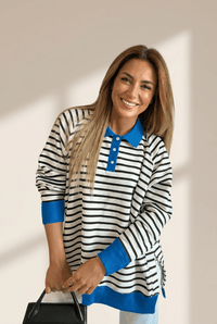 Women's Striped Cotton-Blend Polo Sweatshirt with Azure Contrast