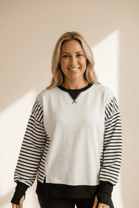 Women's Striped Patchwork Knit Top with Thumbhole Cuffs