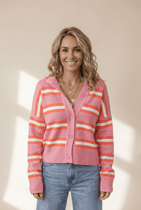 Women's Striped Pink Viscose Blend Drop Shoulder Cardigan