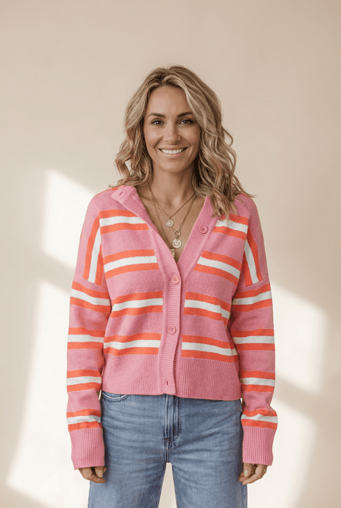 Women's Striped Pink Viscose Blend Drop Shoulder Cardigan