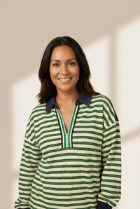 
Women's Striped Quarter-Zip Pullover with Navy Contrast Collar