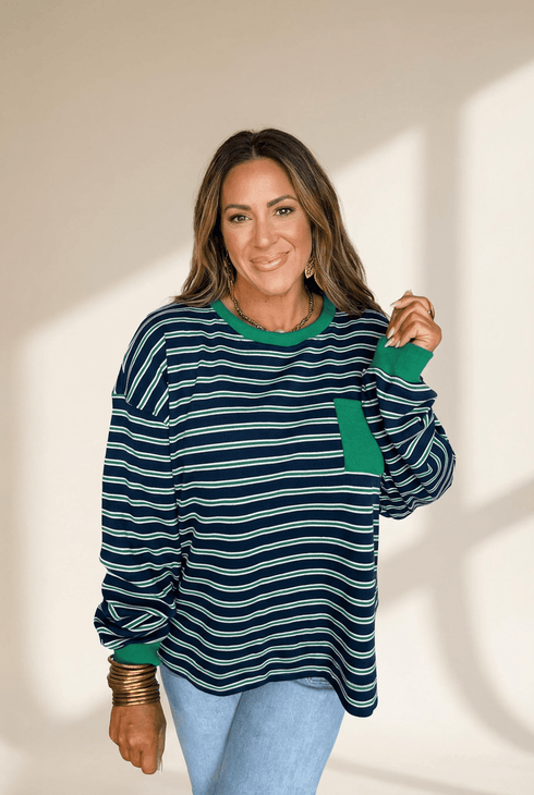 Women's Striped Ribbed Crew Neck Top with Contrast Pocket