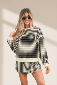 Women's Striped Two-Piece Skirt Set with Drop Shoulder Top