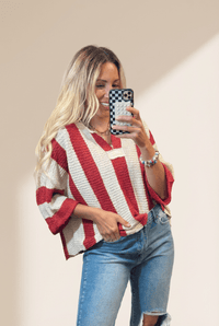 Women's Striped V-Neck Knit Sweater with Bracelet Sleeves