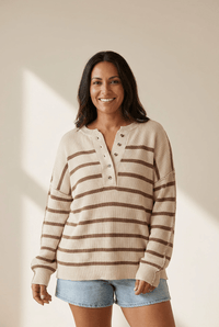 
Women's Striped Viscose Blend Henley Knit Pullover Sweater