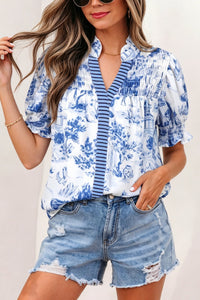 Women's Stylish Blue Animal Print V-Neck Blouse with Striped Details - Comfortable Casual Top for Everyday Wear