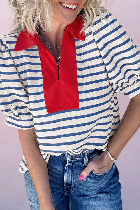 Women's Stylish Blue Stripe Color Block Polo Blouse with Puff Sleeves - Chic Casual Top for Effortless Everyday Wear