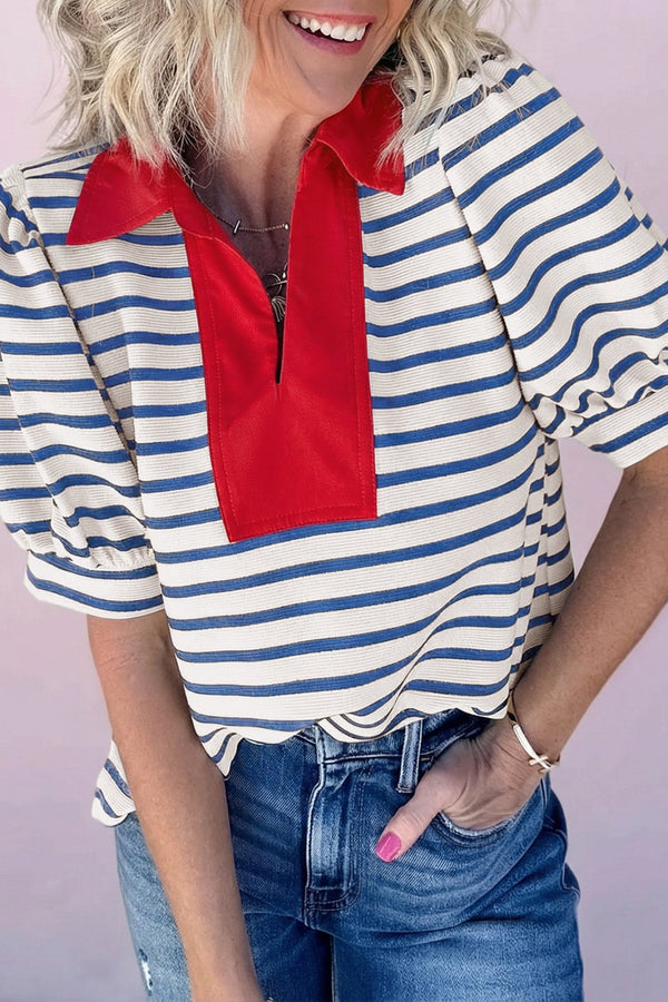 Women's Stylish Blue Stripe Color Block Polo Blouse with Puff Sleeves - Chic Casual Top for Effortless Everyday Wear