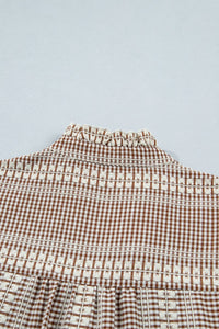 Brown Western Pony Embroidered Yoke Puff Sleeve Gingham Blouse