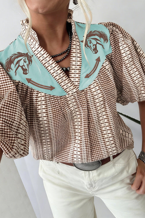 Women's Stylish Brown Gingham Blouse with Puff Sleeves & Embroidered Yoke - Trendy Western Fashion Top for Women