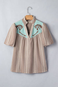 Brown Western Pony Embroidered Yoke Puff Sleeve Gingham Blouse