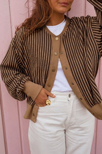 Women's Brown Stripe Long Sleeve V-Neck Cardigan