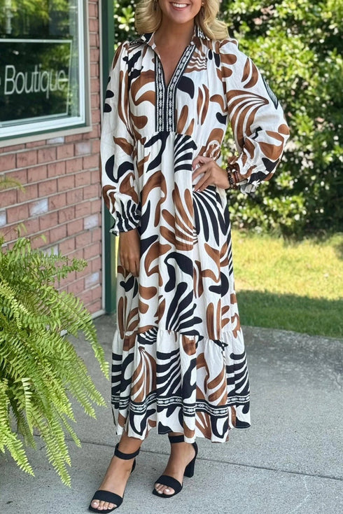Women's Stylish Brown Tropical Print Long Sleeve Dress with Ruffle Hem and Contrast Trim - Perfect Summer Outfit