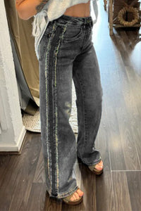 Carbon Grey Contrast Stripe Frayed Side Panel Patchwork Shift Jeans