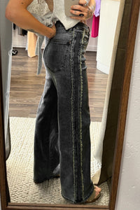 Carbon Grey Contrast Stripe Frayed Side Panel Patchwork Shift Jeans