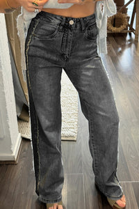Carbon Grey Contrast Stripe Frayed Side Panel Patchwork Shift Jeans